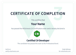 Example of the W3Schools C# certificate