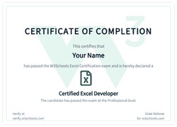 Example of the W3Schools Excel certificate