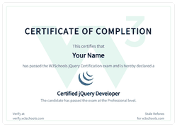Example of the W3Schools jQuery certificate