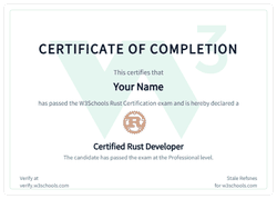 Example of the W3Schools Rust certificate